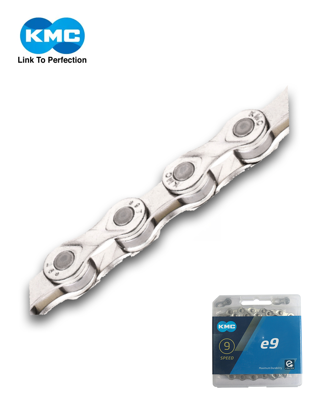 KMC e9 Turbo 9-speed silver e-bike chain with 136 links for Bosch and other electric bike systems.